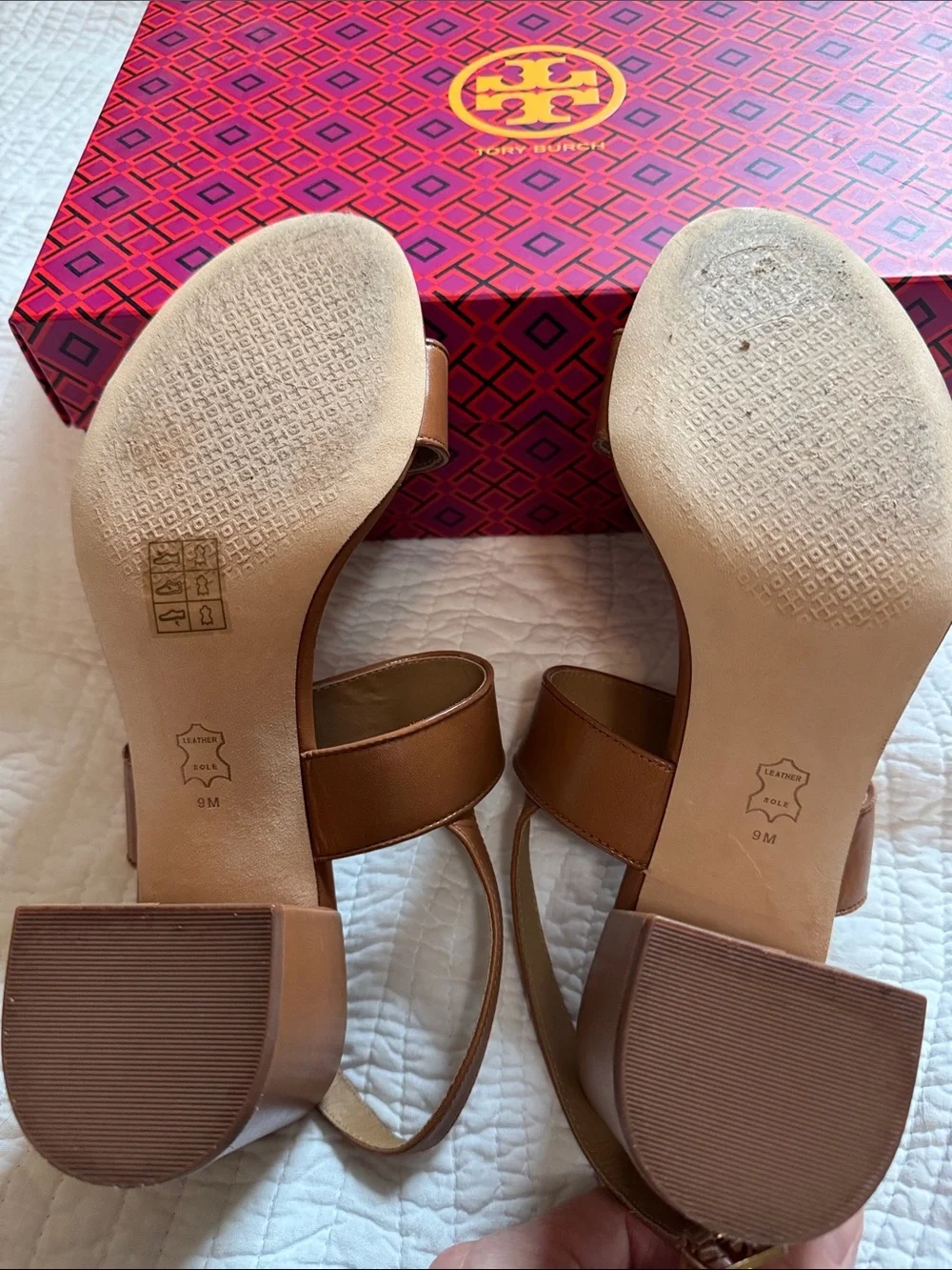 Tory Burch Tan Leather Block Heel Sandals with Gold Logo